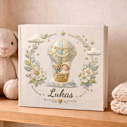 Personalized hot air balloon baby memory book with name. A dreamy adventure nursery photo album.