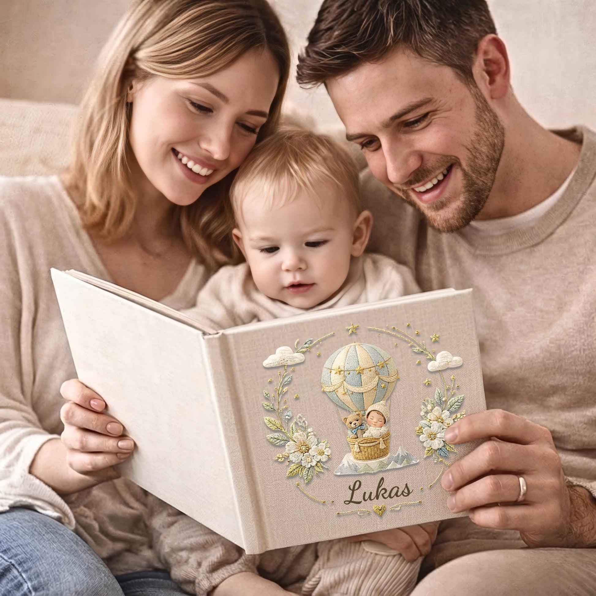 Personalized hot air balloon baby memory book with name. A dreamy adventure nursery photo album.
