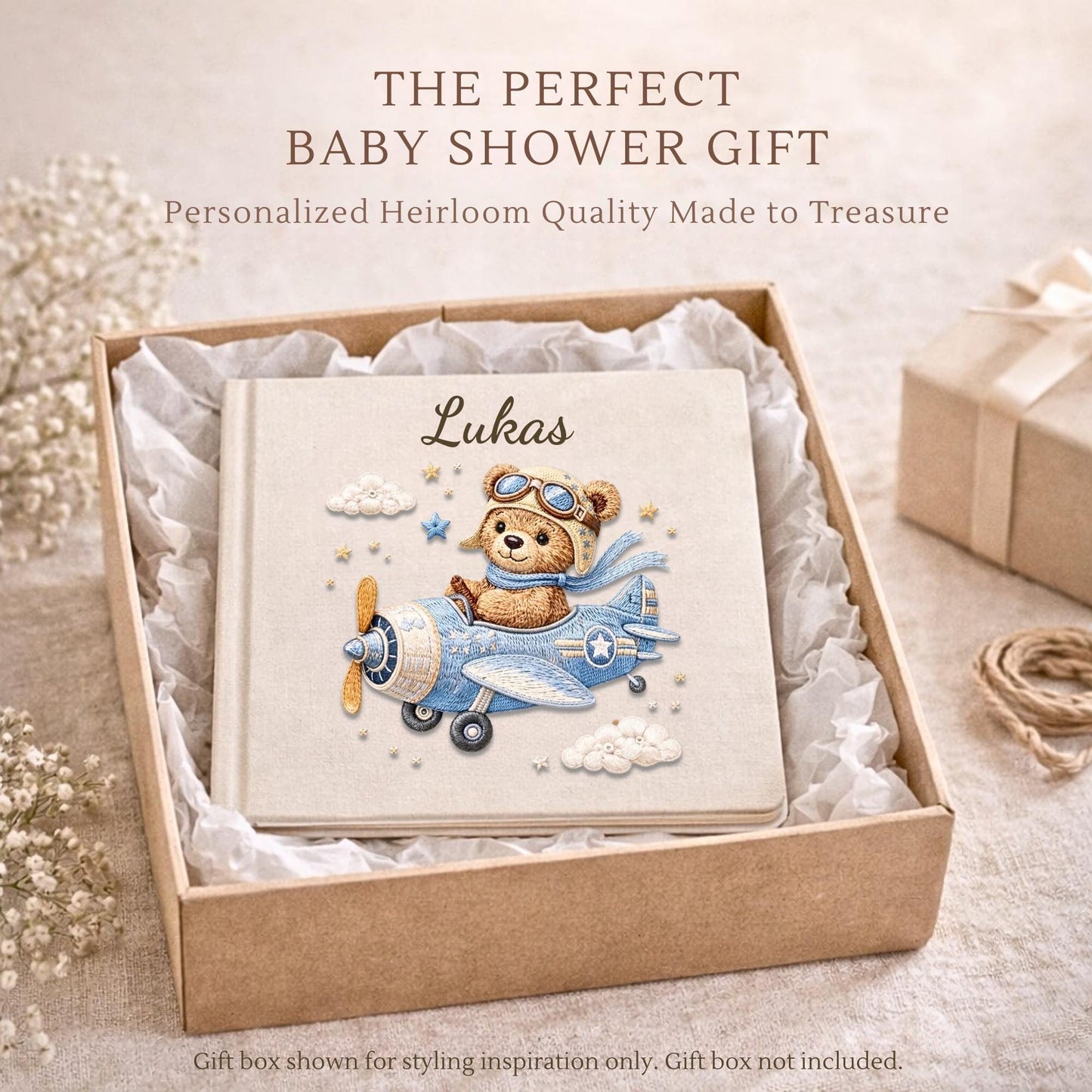 Personalized teddy bear airplane baby memory book with name and birth date. A soft aviation nursery album for first memories and milestones.