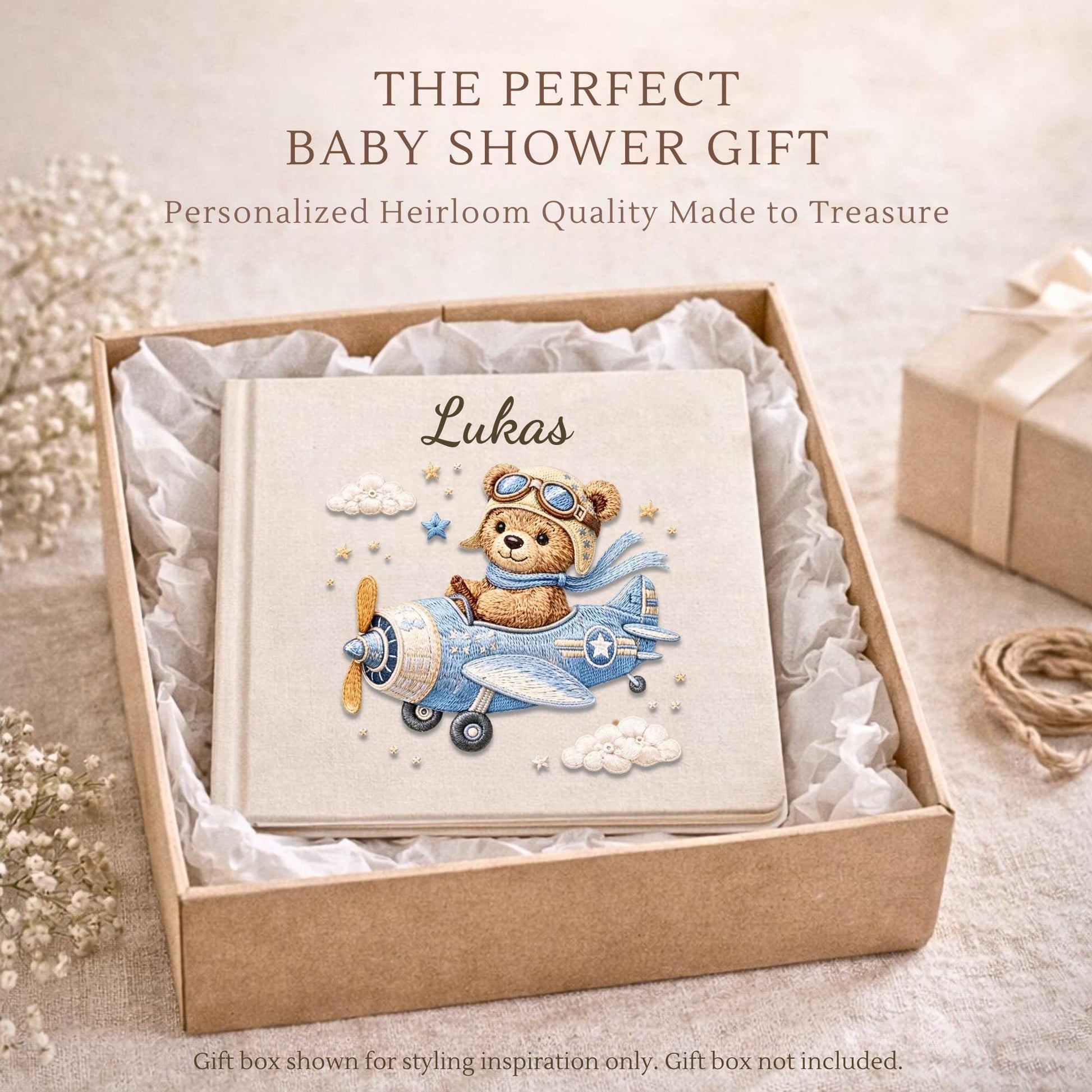 Personalized teddy bear airplane baby memory book with name and birth date. A soft aviation nursery album for first memories and milestones.