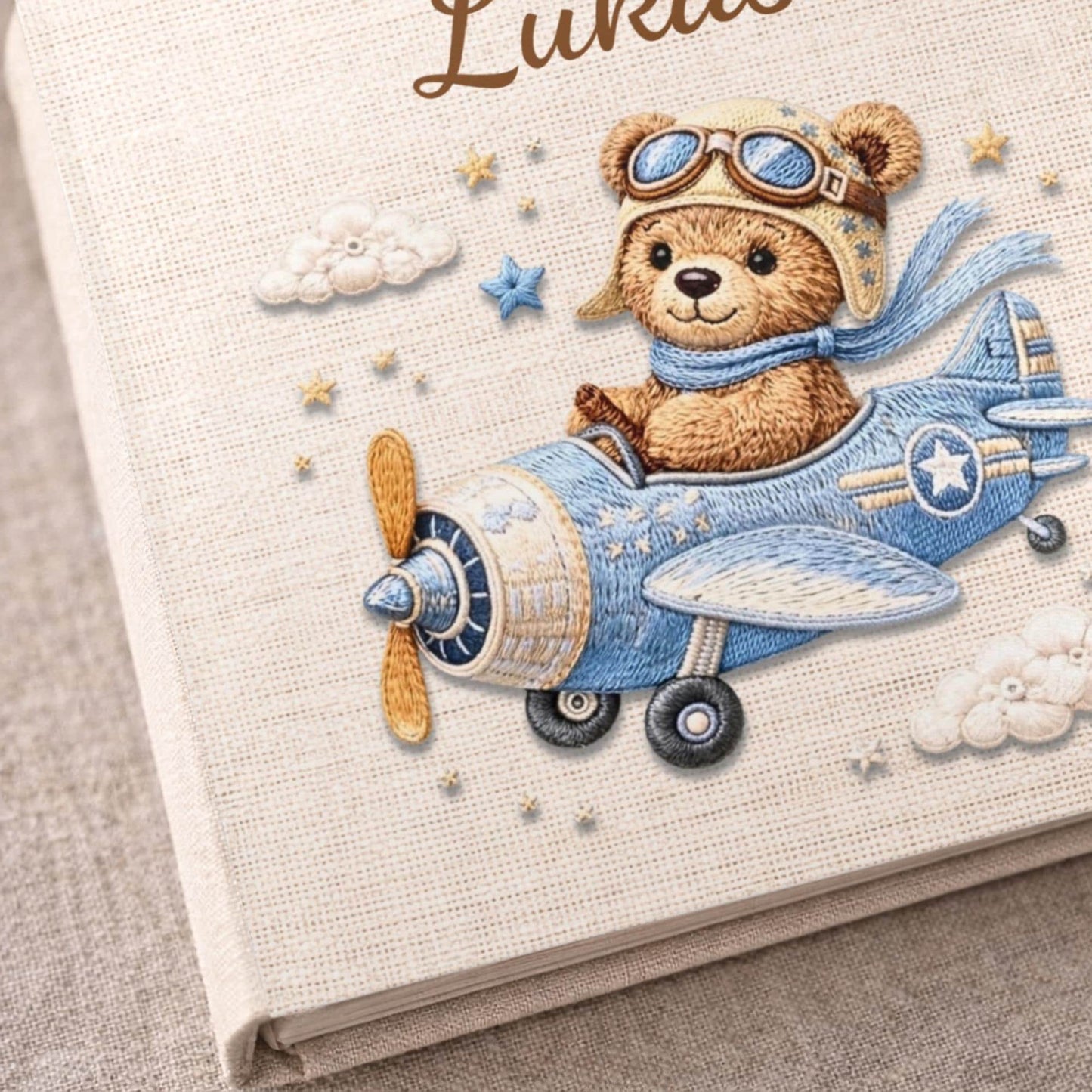 Personalized teddy bear airplane baby memory book with name and birth date. A soft aviation nursery album for first memories and milestones.