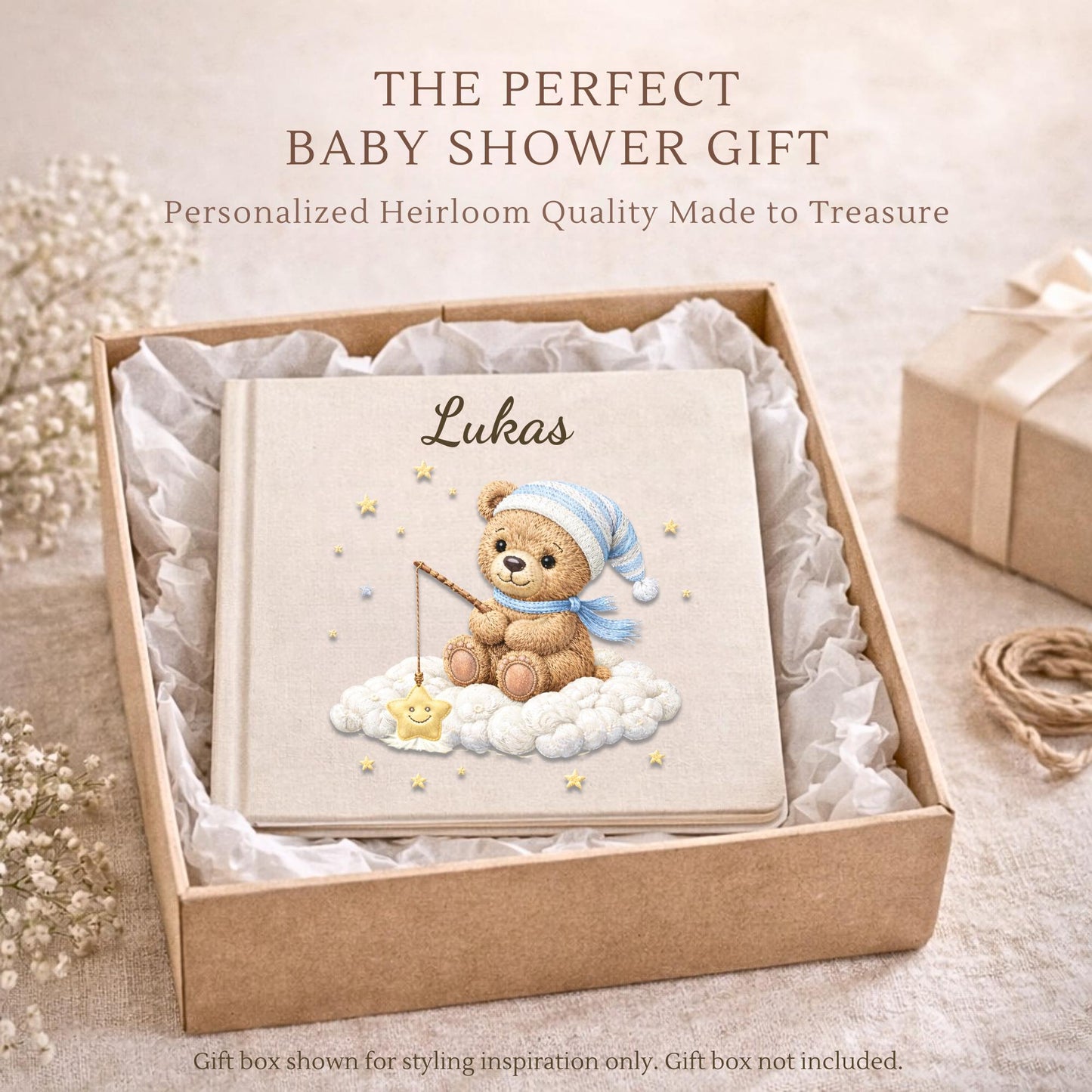 Personalized teddy cloud baby memory book with your baby’s name. A dreamy cloud-themed album to capture precious milestones and first-year memories.