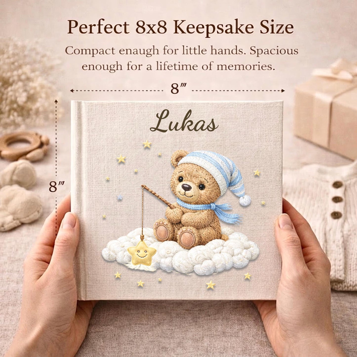 Personalized teddy cloud baby memory book with your baby’s name. A dreamy cloud-themed album to capture precious milestones and first-year memories.