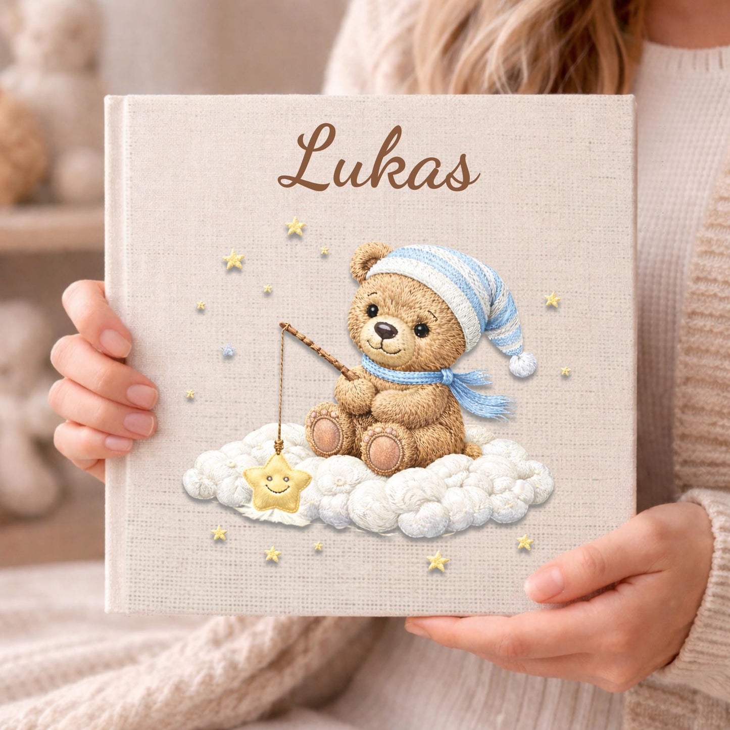 Personalized teddy cloud baby memory book with your baby’s name. A dreamy cloud-themed album to capture precious milestones and first-year memories.
