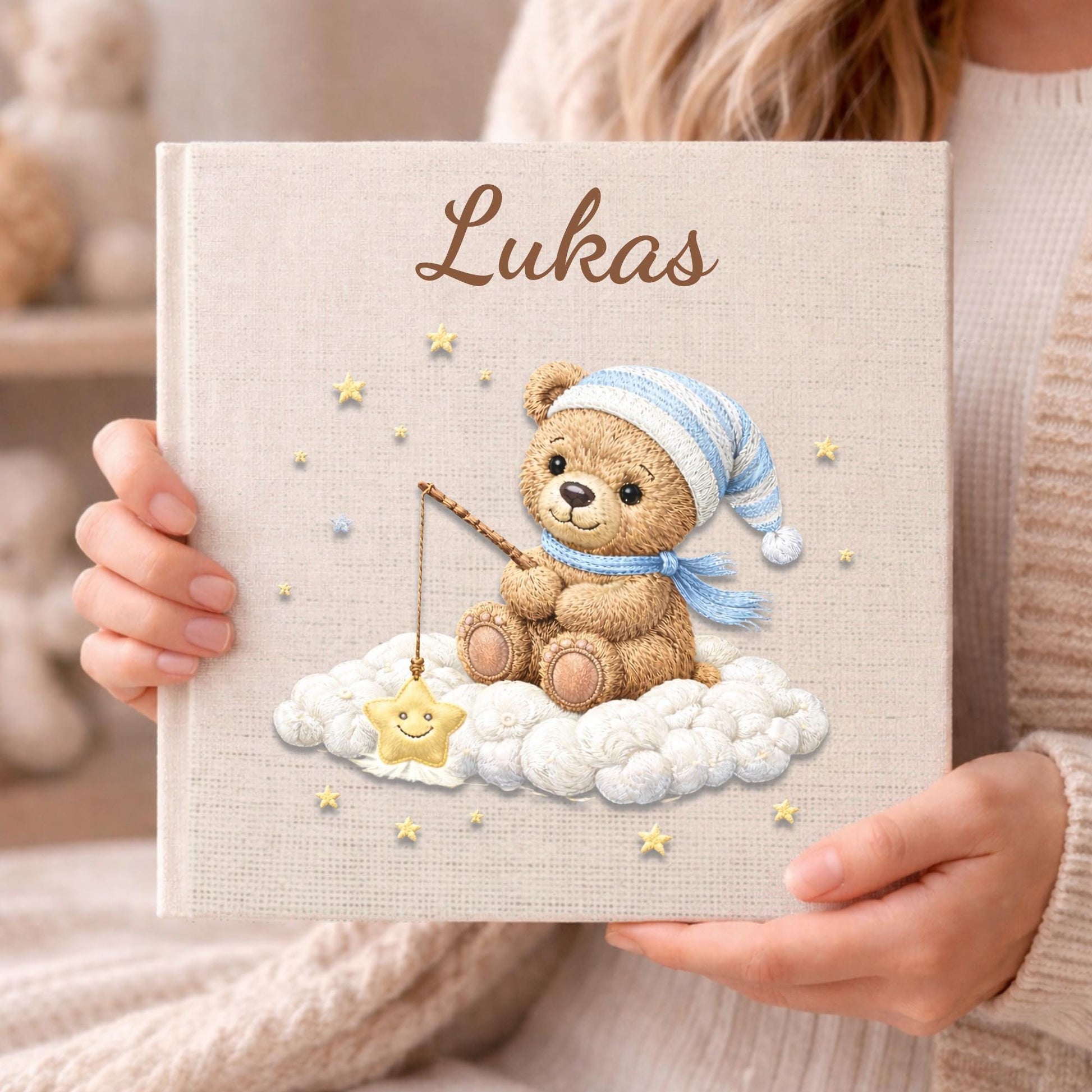Personalized teddy cloud baby memory book with your baby’s name. A dreamy cloud-themed album to capture precious milestones and first-year memories.