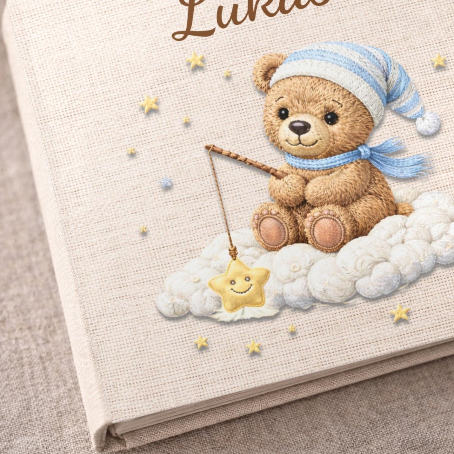 Personalized teddy cloud baby memory book with your baby’s name. A dreamy cloud-themed album to capture precious milestones and first-year memories.