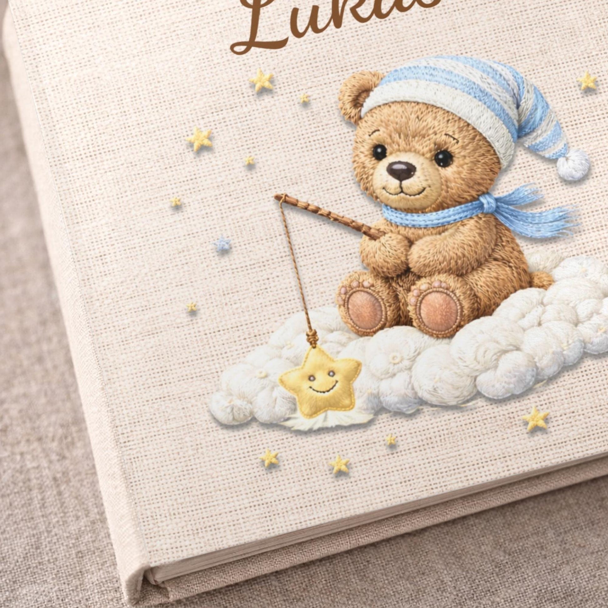 Personalized teddy cloud baby memory book with your baby’s name. A dreamy cloud-themed album to capture precious milestones and first-year memories.