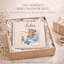 Personalized teddy bear airplane baby memory book with name and birth date. A soft aviation nursery album for first memories and milestones.