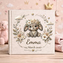 Personalized bunny baby album with floral crown and custom name. A soft neutral nursery memory book and timeless newborn keepsake.