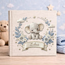 Personalized baby name book with soft floral elephant design. A timeless keepsake for baby girls or neutral nurseries – perfect custom baby gift.