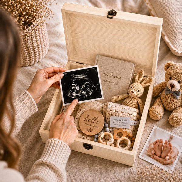 A magical 18th birthday keepsake — a personalized wooden time capsule box for your daughter to open when she comes of age. The lid features a beautiful embroidery-style print with a teddy bear, love letters, and a rose gold heart padlock and key. Fill it with wishes, notes, and mementos she'll cherish forever.