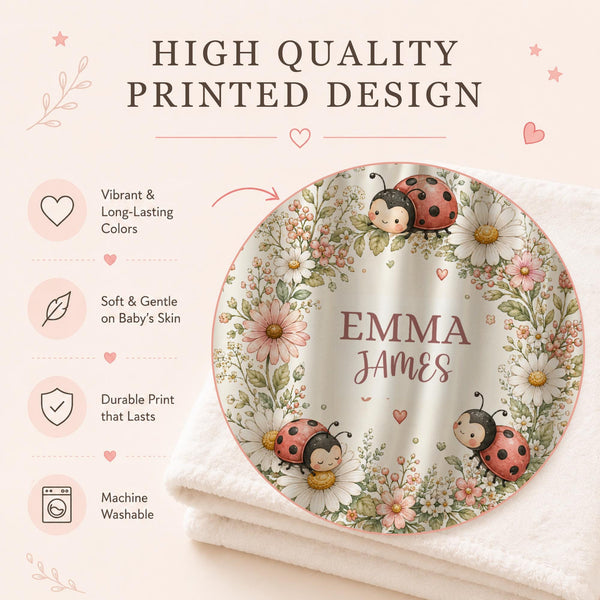 this personalized ladybug blanket featuring adorable watercolor ladybugs, delicate daisies, and a charming floral wreath design. Customized with your child’s name, this soft nursery keepsake adds a sweet touch to any baby girl’s room and makes a thoughtful baby shower, newborn, or birthday gift. A beautiful blend of nature, whimsy, and timeless nursery style