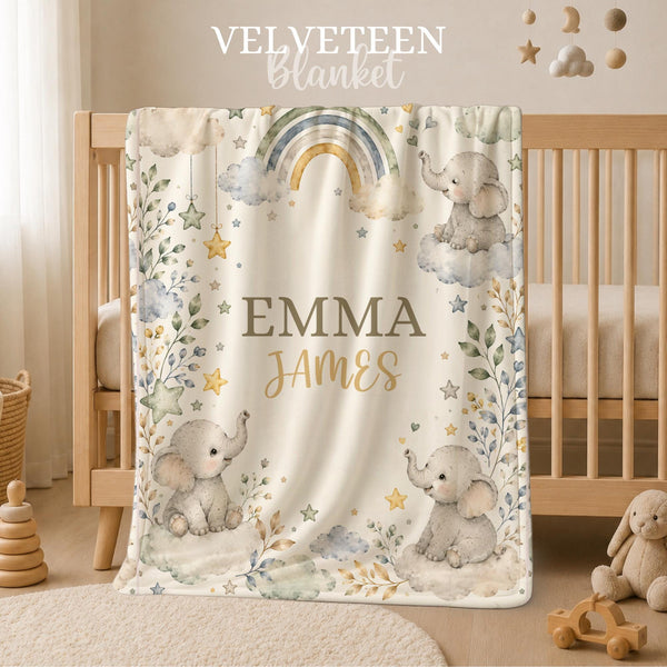 Elephant Baby Blanket with Name, Watercolor Safari Nursery Throw, Custom Name Swaddle Velveteen, Girl Baby Shower