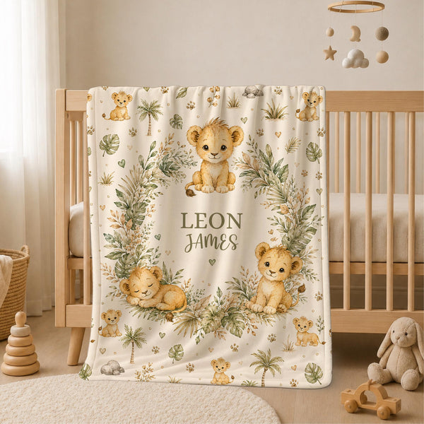 Personalized lion baby blanket featuring adorable safari artwork with your baby name. A beautiful keepsake for jungle nurseries, baby showers, newborn gifts, and safari-themed room decor. Perfect for creating a warm and adventurous nursery space.
