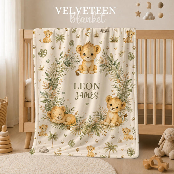 Personalized lion baby blanket featuring adorable safari artwork with your baby name. A beautiful keepsake for jungle nurseries, baby showers, newborn gifts, and safari-themed room decor. Perfect for creating a warm and adventurous nursery space.