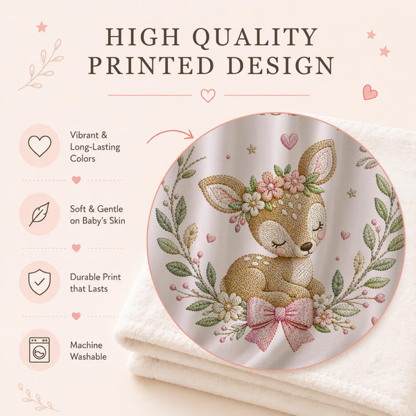 Personalized baby girl blanket with sleeping deer, floral wreath, pink bow, and custom embroidered name with your personalized name, woodland nursery gift