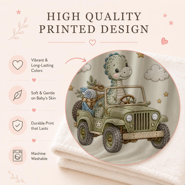 This personalized baby blanket features an adorable dinosaur cruising in a vintage jeep through golden stars and fluffy clouds — printed in a charming embroidery-print style design made just for your little explorer.
