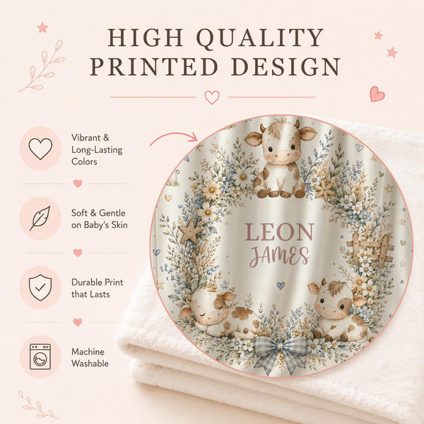 This personalized baby cow blanket featuring adorable watercolor calves, blue wildflowers, and a charming farm-inspired design.