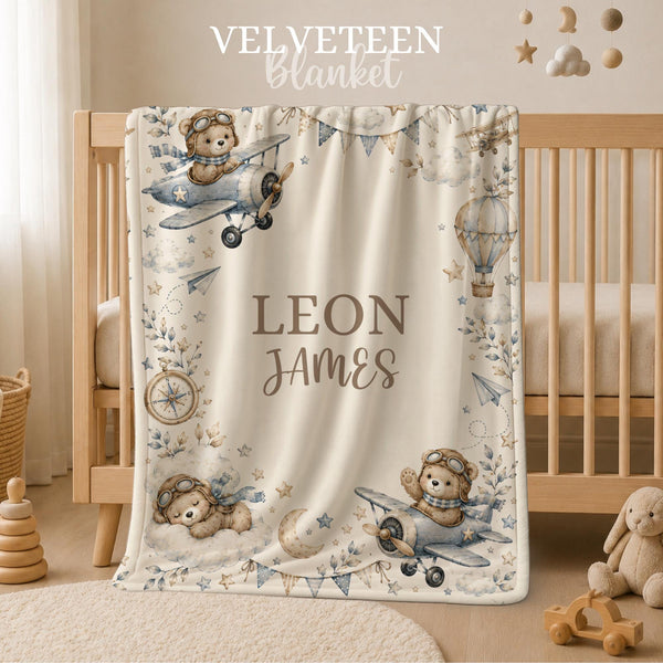 Personalized Pilot Teddy Baby Blanket, Watercolor Airplane Nursery Throw, Custom Name Crib Cover, Vintage Pilot Boy Keepsake Gift