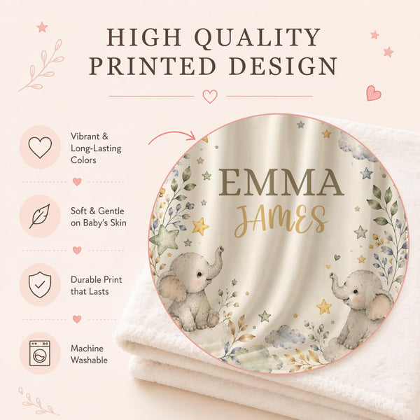 personalized elephant rainbow blanket. Featuring adorable watercolor elephants, fluffy clouds, delicate florals, stars, and a pastel rainbow, this custom blanket creates a calm and beautiful nursery atmosphere while becoming a cherished keepsake for years to come.