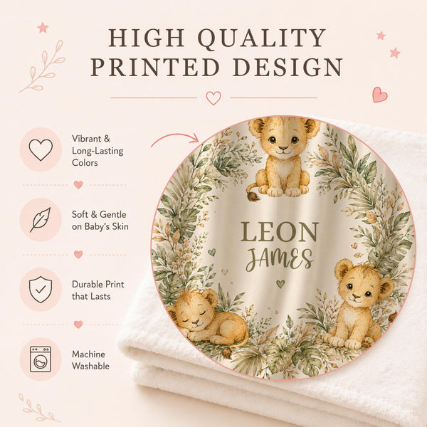 Personalized lion baby blanket featuring adorable safari artwork with your baby name. A beautiful keepsake for jungle nurseries, baby showers, newborn gifts, and safari-themed room decor. Perfect for creating a warm and adventurous nursery space.