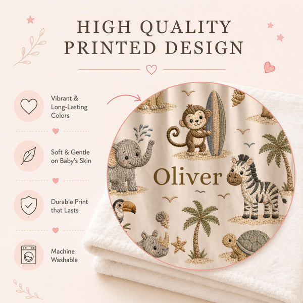 Personalized Safari Baby Blanket featuring an embroidered-look print with a lion, giraffe, elephant, monkey, zebra, rhino, turtle, and toucan.
