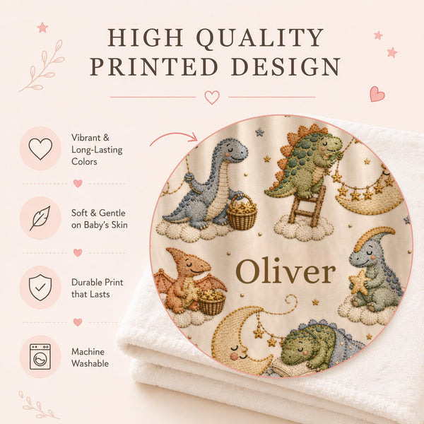 Personalized Dinosaur Baby Blanket featuring an embroidered-look print with adorable dinosaurs, sleepy moons, fluffy clouds, and twinkling stars.