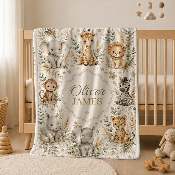 Personalized Safari Baby Blanket featuring adorable watercolor jungle animals including elephant, giraffe, lion, zebra, monkey, rhino, hippo and leopard. A custom velveteen baby blanket for nursery decor, baby shower gifts and newborn keepsakes.