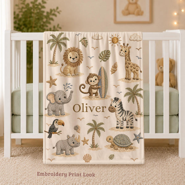 Personalized Safari Baby Blanket featuring an embroidered-look print with a lion, giraffe, elephant, monkey, zebra, rhino, turtle, and toucan.