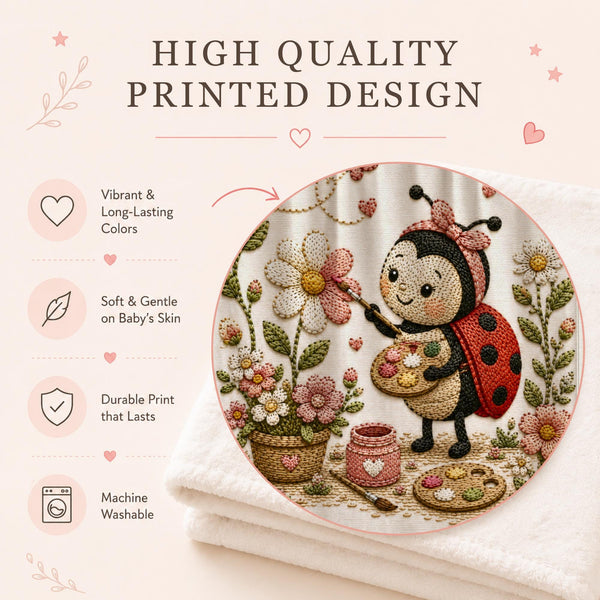Personalized Ladybug Baby Blanket with an embroidered-look print featuring a sweet little ladybug painting cheerful flowers, surrounded by blooming florals and whimsical garden details. A cozy personalized keepsake for newborns, baby showers, and nursery décor.