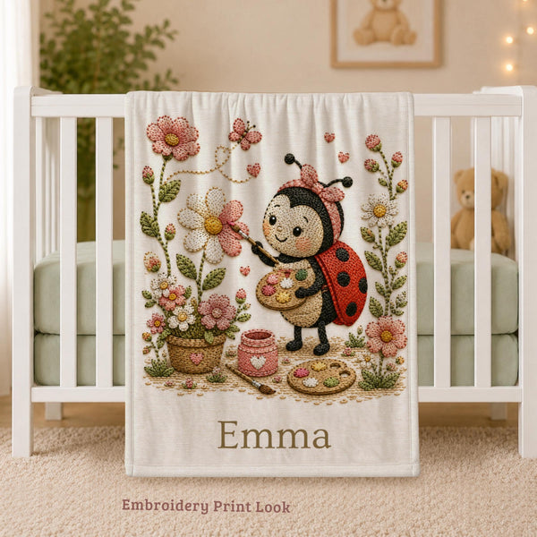 Personalized Ladybug Baby Blanket with an embroidered-look print featuring a sweet little ladybug painting cheerful flowers, surrounded by blooming florals and whimsical garden details. A cozy personalized keepsake for newborns, baby showers, and nursery décor.