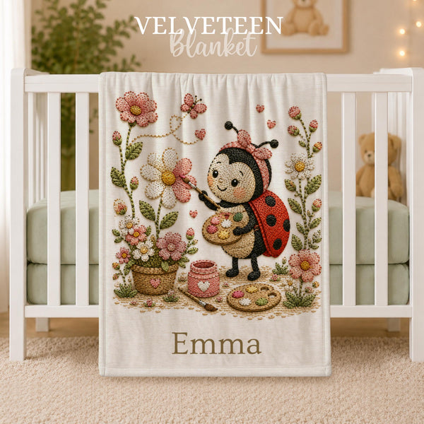 Personalized Ladybug Baby Blanket with an embroidered-look print featuring a sweet little ladybug painting cheerful flowers, surrounded by blooming florals and whimsical garden details. A cozy personalized keepsake for newborns, baby showers, and nursery décor.