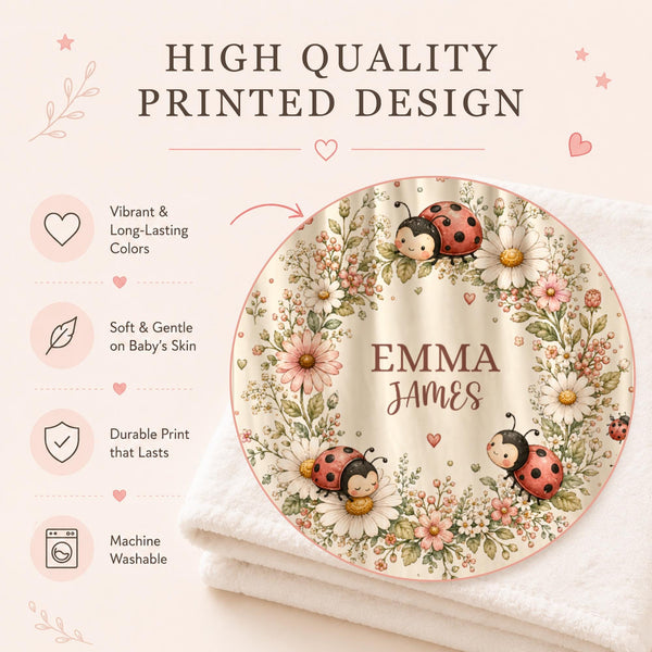 Personalized baby gift set with name including a soft velveteen ladybug baby blanket, matching photo album and pillowcase. A sweet keepsake set for newborns and baby showers.