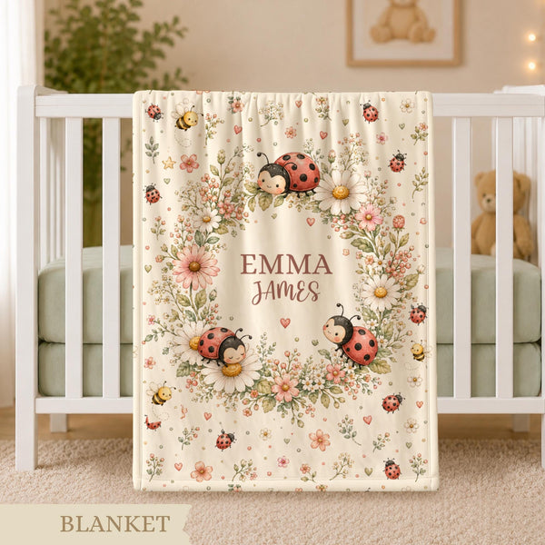 Personalized baby gift set with name including a soft velveteen ladybug baby blanket, matching photo album and pillowcase. A sweet keepsake set for newborns and baby showers.