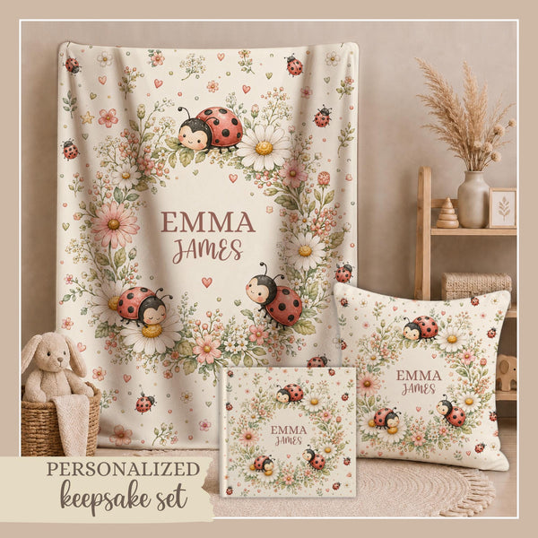 Personalized baby gift set with name including a soft velveteen ladybug baby blanket, matching photo album and pillowcase. A sweet keepsake set for newborns and baby showers.