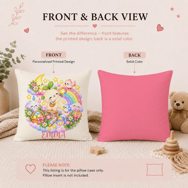 Personalized Japanese kawaii Momo pillow cover with your child’s name, featuring sweet little Momo as the main character in a colorful rainbow dreamland. Momo paints magical stars surrounded by a smiling crescent moon, fluffy clouds, tiny birds, flowers and a pastel rainbow.