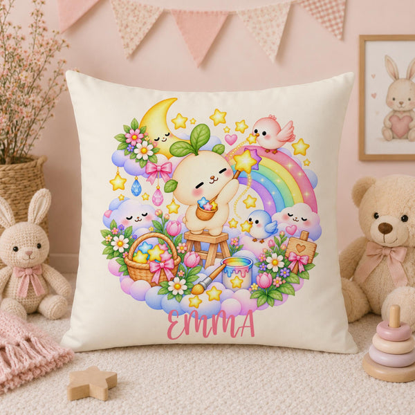 Personalized Japanese kawaii Momo pillow cover with your child’s name, featuring sweet little Momo as the main character in a colorful rainbow dreamland. Momo paints magical stars surrounded by a smiling crescent moon, fluffy clouds, tiny birds, flowers and a pastel rainbow.