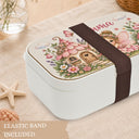 Personalized Fairy Bento Lunch Box featuring a dreamy watercolor fine art print with a sweet little fairy, magical flower cottage, butterflies, mushrooms and a whimsical enchanted garden filled with delicate flowers. Customized with your child’s name, this practical kids lunchbox is perfect for daycare, preschool, kindergarten, school, picnics and everyday adventures.