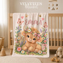Personalized Highland Cow Baby Blanket featuring an adorable fluffy Highland cow surrounded by delicate wildflowers, butterflies, hearts and charming cottage garden details. Customized with your baby’s name, this sweet floral blanket makes a beautiful addition to a baby girl nursery and a meaningful keepsake for a new arrival.