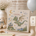 Personalized dragon baby gift set with name including a soft velveteen blanket, matching photo album and pillow cover. A magical keepsake for baby boys.