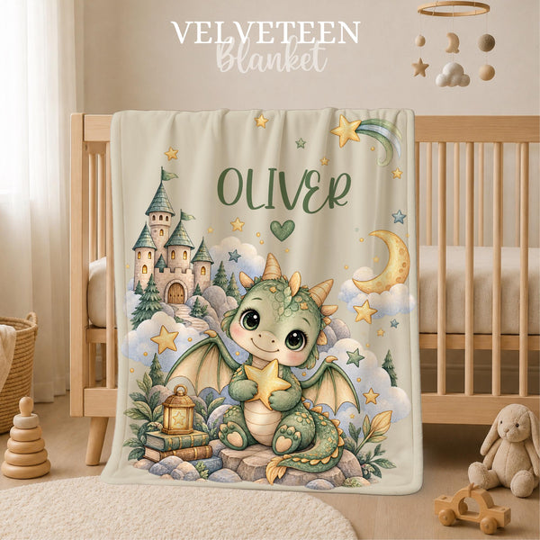Personalized Dragon Baby Blanket with Name featuring an adorable baby dragon surrounded by a magical castle, crescent moon, shooting stars, clouds and an enchanting fantasy landscape.