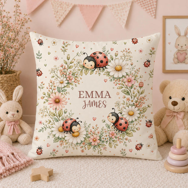 Personalized ladybug pillow cover with sweet watercolor floral design.