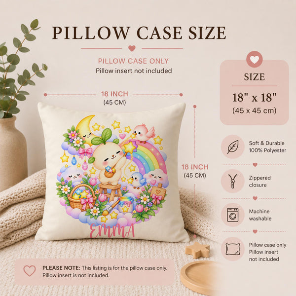 Personalized Japanese kawaii Momo pillow cover with your child’s name, featuring sweet little Momo as the main character in a colorful rainbow dreamland. Momo paints magical stars surrounded by a smiling crescent moon, fluffy clouds, tiny birds, flowers and a pastel rainbow.
