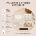 Personalized Fairy Bento Lunch Box featuring a dreamy watercolor fine art print with a sweet little fairy, magical flower cottage, butterflies, mushrooms and a whimsical enchanted garden filled with delicate flowers. Customized with your child’s name, this practical kids lunchbox is perfect for daycare, preschool, kindergarten, school, picnics and everyday adventures.