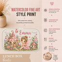 Personalized Fairy Bento Lunch Box featuring a dreamy watercolor fine art print with a sweet little fairy, magical flower cottage, butterflies, mushrooms and a whimsical enchanted garden filled with delicate flowers. Customized with your child’s name, this practical kids lunchbox is perfect for daycare, preschool, kindergarten, school, picnics and everyday adventures.