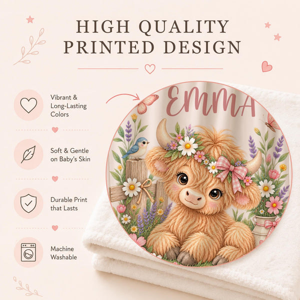 Personalized Highland Cow Baby Blanket featuring an adorable fluffy Highland cow surrounded by delicate wildflowers, butterflies, hearts and charming cottage garden details. Customized with your baby’s name, this sweet floral blanket makes a beautiful addition to a baby girl nursery and a meaningful keepsake for a new arrival.