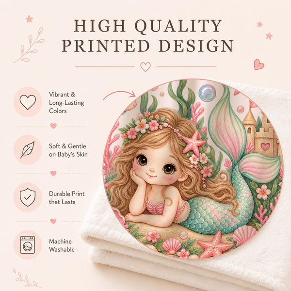 Personalized Mermaid Baby Blanket featuring a sweet little mermaid surrounded by seashells, starfish, coral, bubbles, flowers, a seahorse, jellyfish and a magical sandcastle. Customized with your baby’s name, this dreamy underwater blanket makes a beautiful addition to a baby girl nursery and a special keepsake for a precious new arrival.