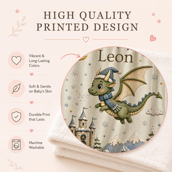 Personalized Dragon Baby Blanket with an embroidered-look print featuring a cute baby dragon in a winter hat and scarf, magical snow-covered castle, moon, stars, snowy mountains and winter forest scenery.

A beautiful personalized blanket for babies and children, perfect for baby showers, newborn gifts, winter babies, birthdays and magical winter nursery spaces.