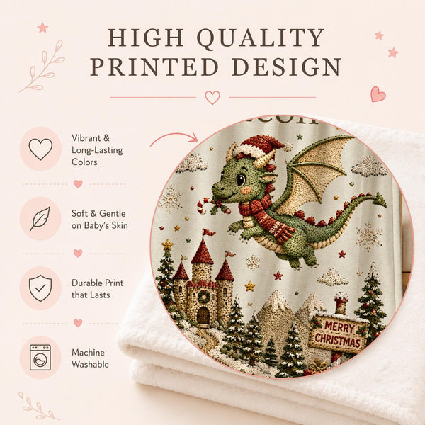 Personalized Christmas Dragon Baby Blanket with an embroidered-look print featuring a cute baby dragon in a Santa hat and scarf, magical Christmas castle, snowy trees, candy cane, moon, stars, presents and winter mountain scenery.
A beautiful personalized holiday blanket for babies and children, perfect for Baby’s First Christmas, newborn gifts, Christmas baby showers and magical holiday nursery moments.