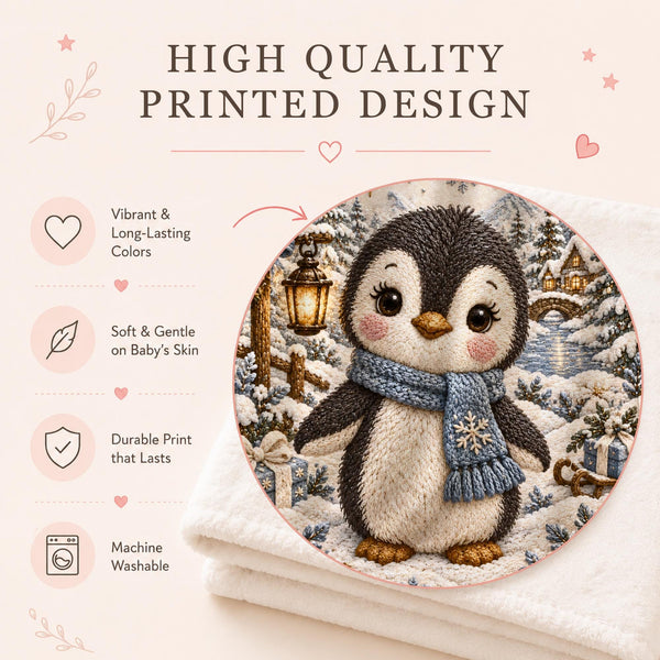 Personalized Christmas Penguin Baby Blanket with an embroidered-look print featuring an adorable baby penguin wearing a cozy blue winter scarf, surrounded by a magical snowy Christmas landscape, winter trees, glowing lantern, presents, snowflakes, stars and a charming winter village.